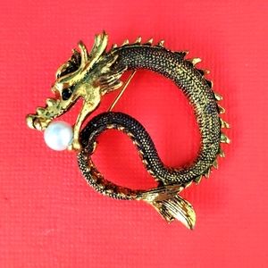 Horned Serpent split tail  Dragon with faux pearl